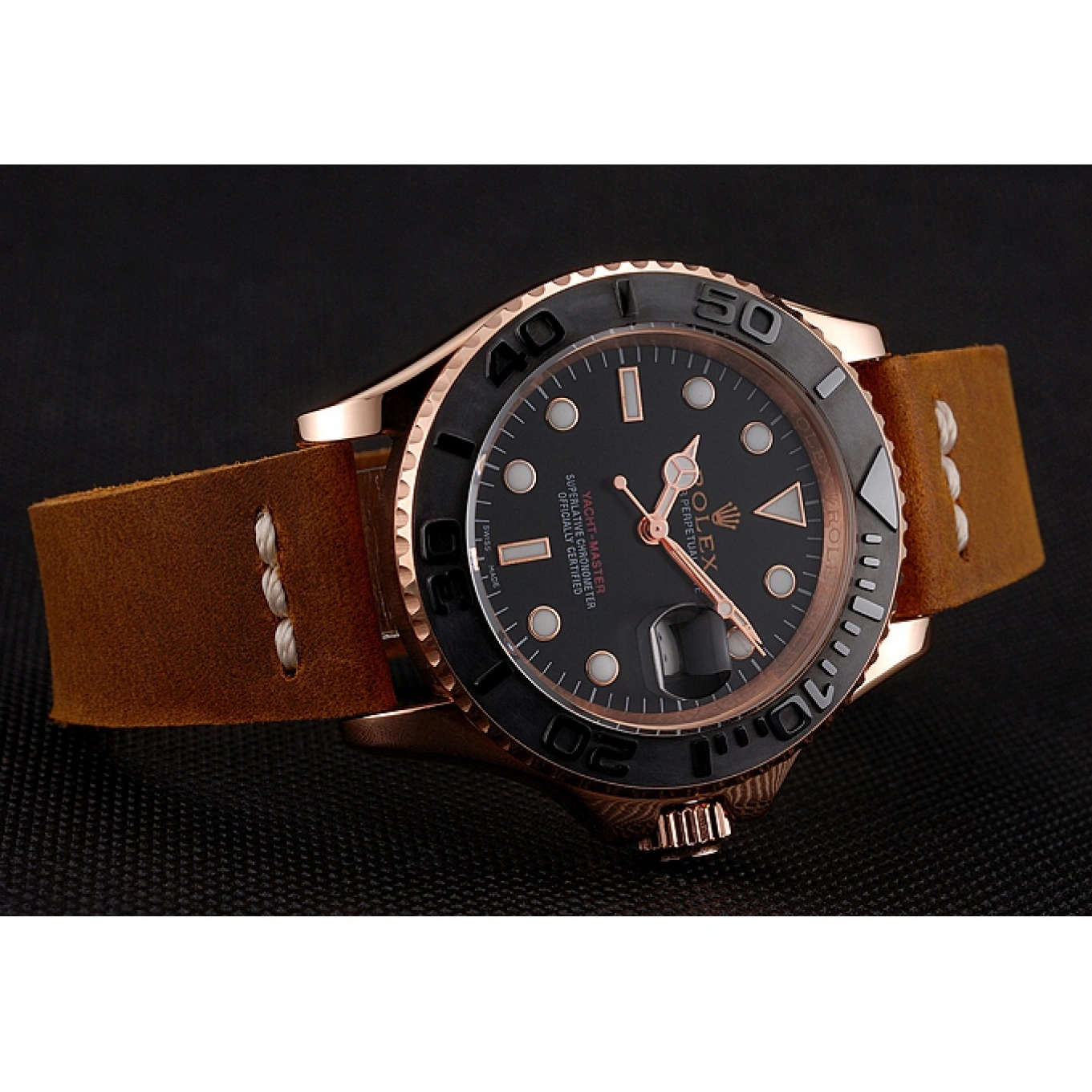 Aaa replica watch 1453861 Rolex Dial Master Black Rose Leather Case Yacht Brown Gold Bracelet 0628